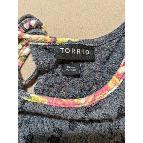 Torrid Womens Gray Pink Peach Flower Floral Lace Smock Ruffle Sleeve Top Size 1 - Picture 5 of 11